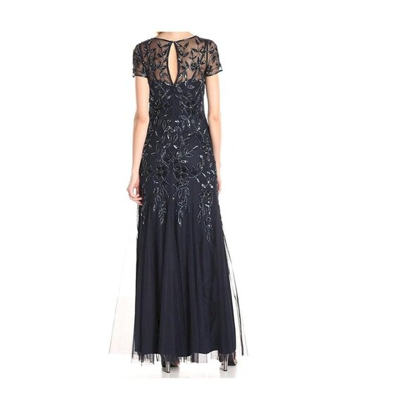 Adrianna Papell Beaded Short Sleeve Floral Godet Gown Midnight Navy Size 0 NWT - Picture 14 of 14
